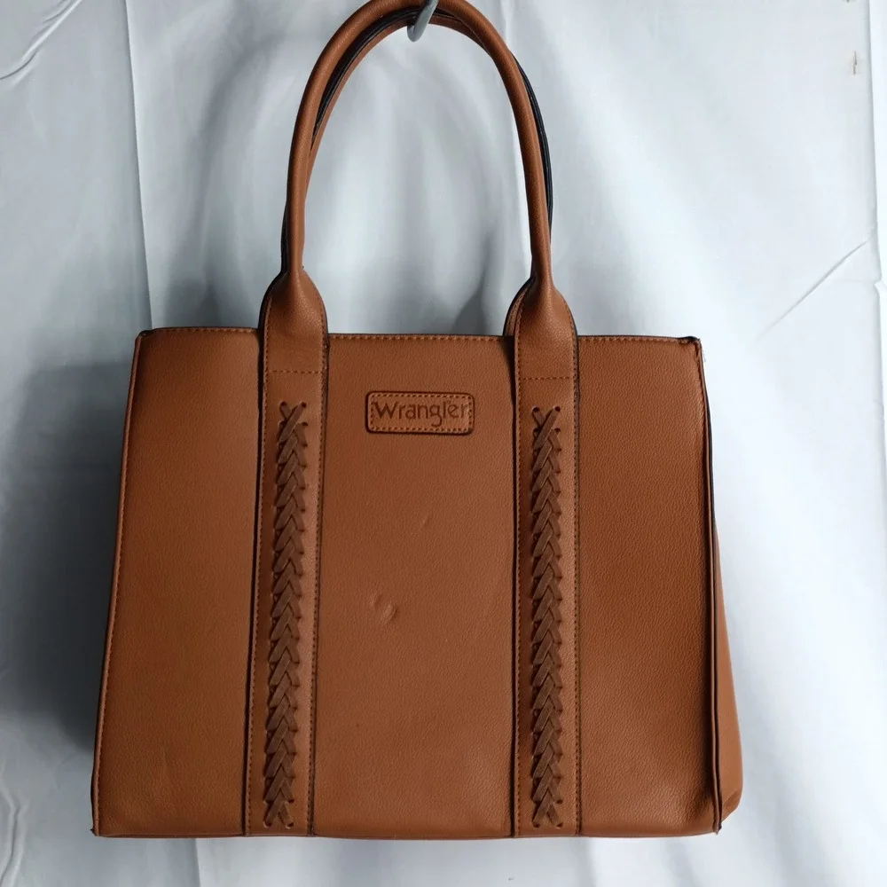 Wrangler Brown Faux Leather Western Tote Bag Braided Zipper Shoulder Bag s9
